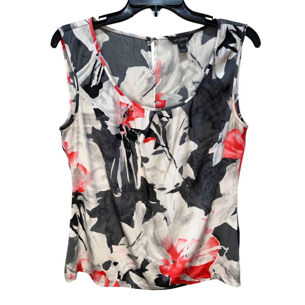 St. John Silk Blend Artsy Floral Sleeveless Shell Top Black Red Grey M stretch